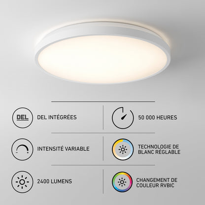 Artika Isara 15″ RGBIC LED flush mount with interchangeable trim, icons, and French feature highlights.