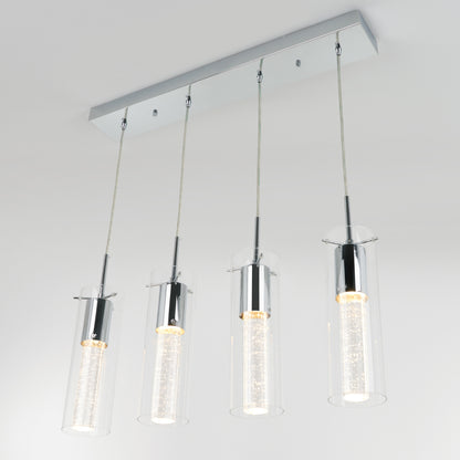 The Artika Bubble Flow 4-light pendant features four LED-lit cylindrical glass pendants with a chrome finish, suspended from a rectangular metal base for a modern ceiling lighting solution.