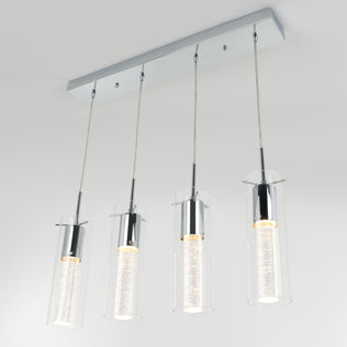 The Artika Bubble Flow 4-light pendant features four cylindrical glass shades, each with an LED bulb, suspended from a rectangular chrome base for a modern ceiling lighting solution.