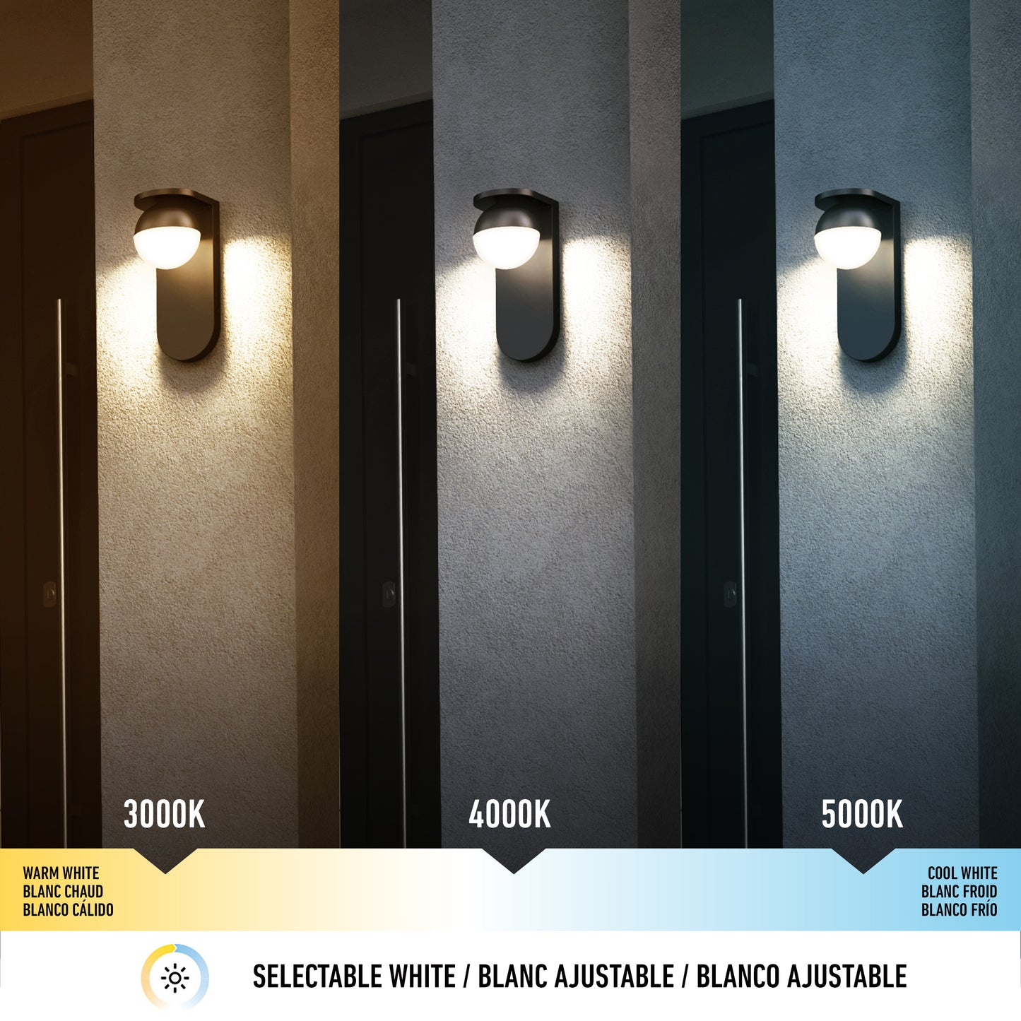 The Artika Bloom indoor-outdoor LED wall light 3 CCT is shown in three variants—warm white (3000K), neutral white (4000K), and cool white (5000K)—demonstrating its selectable color temperature options.