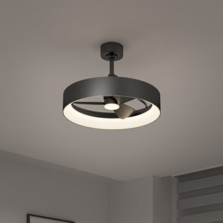 The Artika Austin 23 in. LED modern ceiling fan features a circular black frame and integrated light, and comes with a remote—perfect for contemporary rooms with minimal decor and a window with blinds.