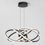 Modern ceiling pendant light with interlocking black metal rings and integrated LED light strips, suspended by two cords from a round black ceiling mount against a plain white background.