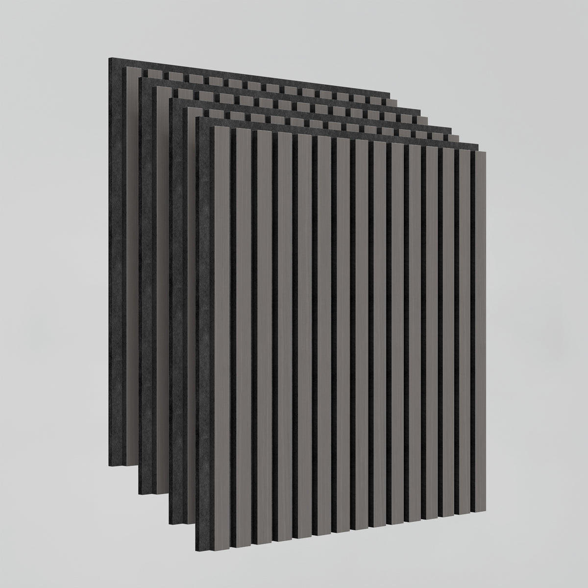 Five gray acoustic wall panels with evenly spaced vertical black slats are stacked in a staggered manner against a plain light background.
