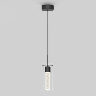 The Essence LED pendant light by Artika features a modern design with a black ceiling mount, thin black cord, and a cylindrical glass shade with a textured inner tube, displayed against a plain white background.