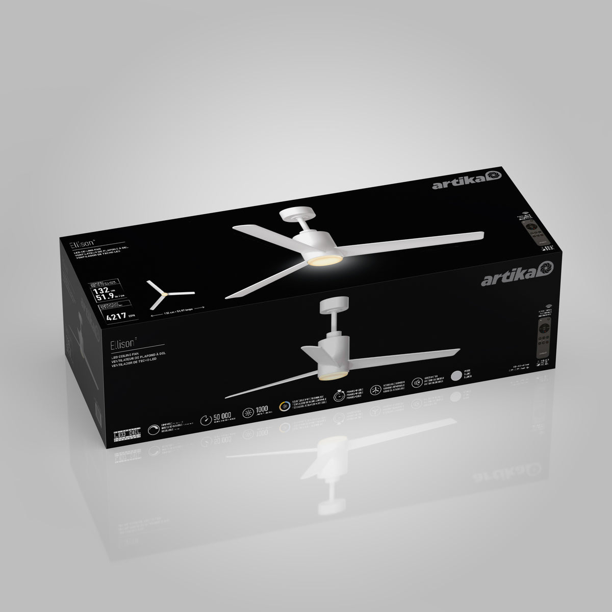 A black box displays a white Artika Elison ceiling fan with three blades and an integrated LED light, shown with product details and icons on the packaging.