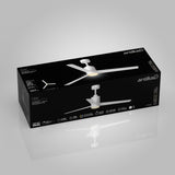 A black box displays a white Artika Elison ceiling fan with three blades and an integrated LED light, shown with product details and icons on the packaging.