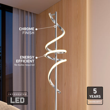 The Artika Coda modern LED floor lamp 5CCT features a chrome finish, spiraling integrated LED, minimalist design, dimmable energy-efficient lighting, and comes with a 5-year warranty.