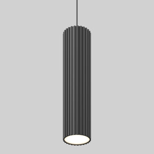 The Artika Groove LED modern pendant light 3 CCT features a sleek black cylindrical design with vertical ridges, hanging from the ceiling and casting a soft downward glow against a plain gray background.