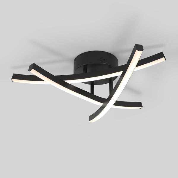 The Artika Orly modern LED flush mount light features three intersecting curved LED bars with a matte black finish, mounted on a round black base for a contemporary look.