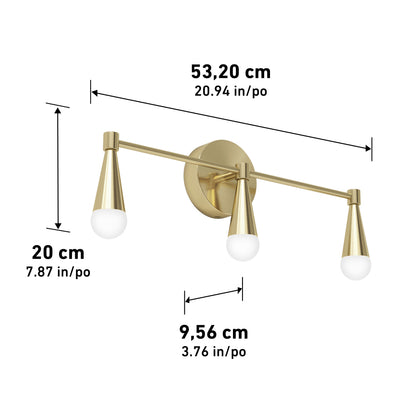 The Artika Wayden LED mid-century bathroom vanity light features three cone-shaped, gold wall-mounted lamps. It measures 53.2 cm wide, 20 cm high, and 9.56 cm deep, with dimensions also provided in inches.