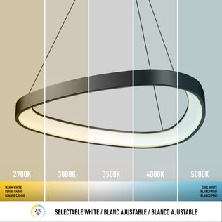 The Artika Bjorn modern LED pendant light 5 CCT features five sections, each illustrating a different color temperature from warm white (2700K) to cool white (5000K). Below is the text: Selectable White / Blanc Ajustable / Blanco Ajustable.