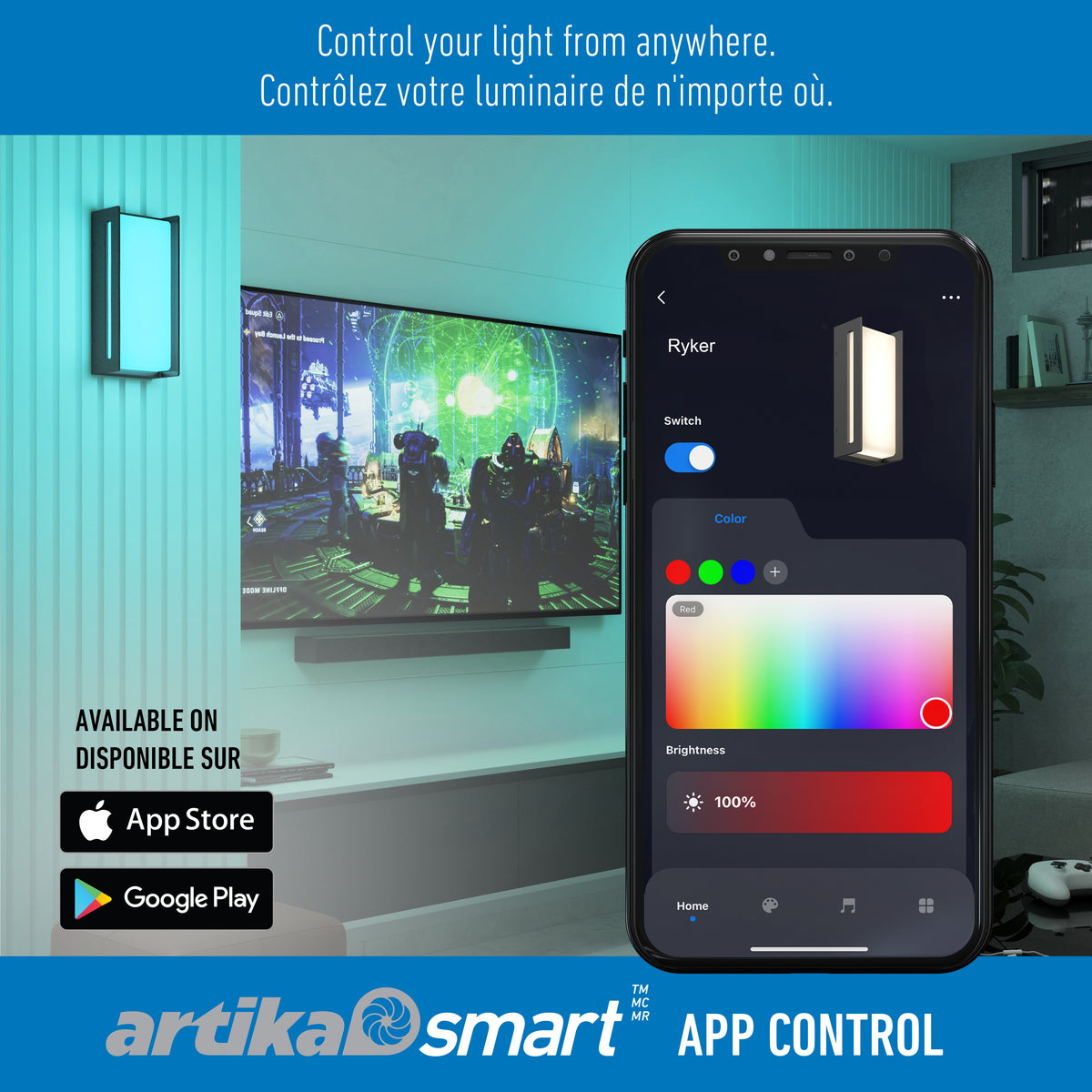 A smartphone displays the Artika app with color and brightness controls for the Ryker smart RGB indoor-outdoor wall light. In the background, a wall-mounted Ryker light and TV are visible. Text in English and French promotes app control for smart lighting.