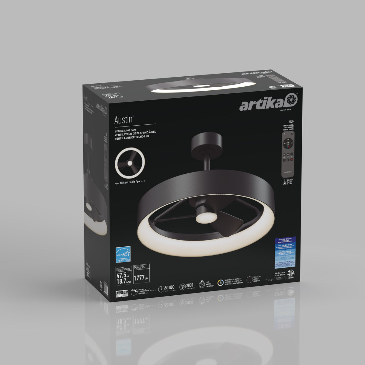 A black Artika Austin LED ceiling fan box showing the product image, features, and included remote control on a gray background. The box highlights energy efficiency and dimmable settings.