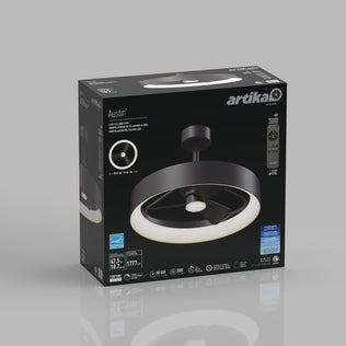 A boxed Artika Austin 23 in. LED modern ceiling fan with remote, showing a circular light. The gray box features images, specs, and Artika branding.