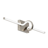 A modern wall-mounted LED light fixture with a rectangular brushed metal base and a tubular light bar twisted into a loop at the center.