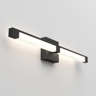 The Artika Tivoli modern LED bathroom vanity light features a rectangular black wall-mounted design with two horizontal LED bars, adjustable lighting (5 CCT), and emits a soft white glow against a plain white wall.