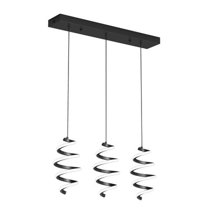 Modern pendant light fixture with three hanging black spiral LED lights suspended from a rectangular black ceiling mount. The spirals are evenly spaced and have a contemporary, minimalist design.