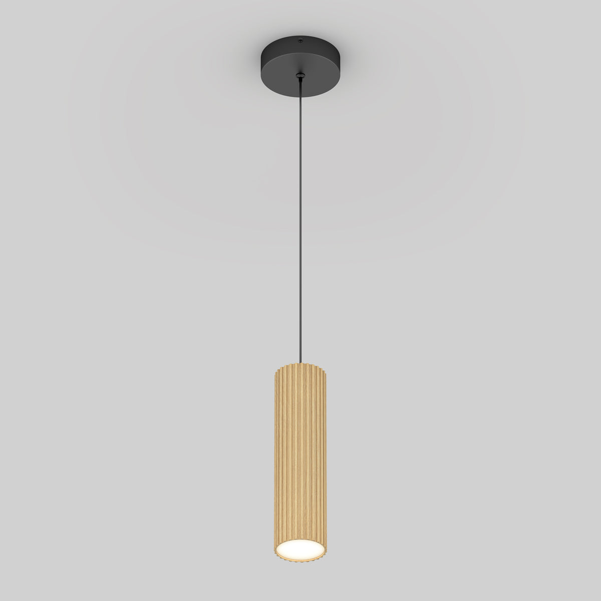 The Artika Groove LED modern pendant light 3 CCT features a black ceiling mount and cord, with a cylindrical ribbed beige shade in textured wood—perfect for kitchen islands against a plain light gray background.