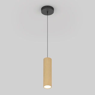 The Artika Groove LED modern pendant light 3 CCT features a black ceiling mount and cord, with a cylindrical ribbed beige shade in textured wood—perfect for kitchen islands against a plain light gray background.