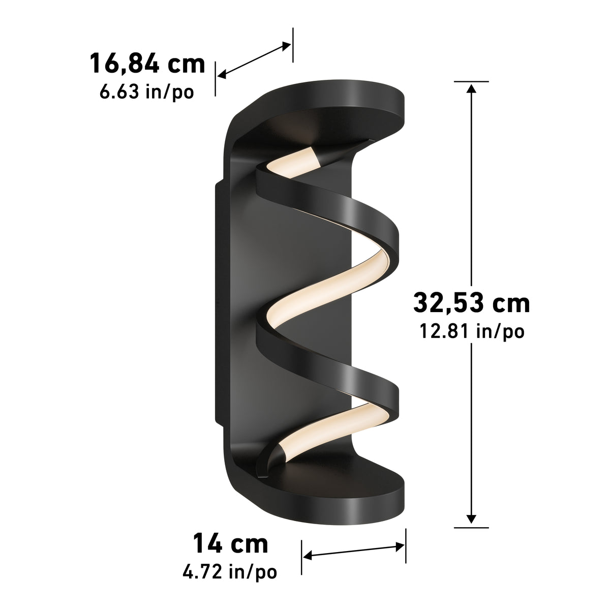 Black wall-mounted spiral LED light fixture with measurements labeled: 16.84 cm (6.63 in) wide, 32.53 cm (12.81 in) tall, and 14 cm (4.72 in) deep.