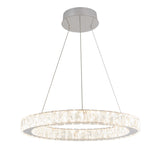 A modern circular chandelier with a silver base, suspended by three thin cables, featuring a ring of crystal-like segments emitting bright, white light.