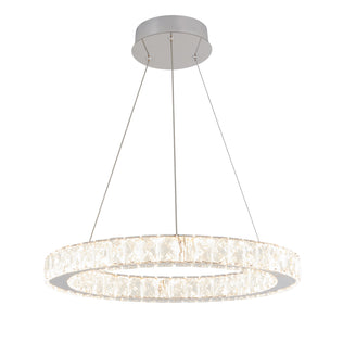 The Artika Celebrity LED pendant light features a modern circular design with a ring of clear faceted crystals, suspended by three thin wires from a round silver ceiling mount, and emits bright white light.