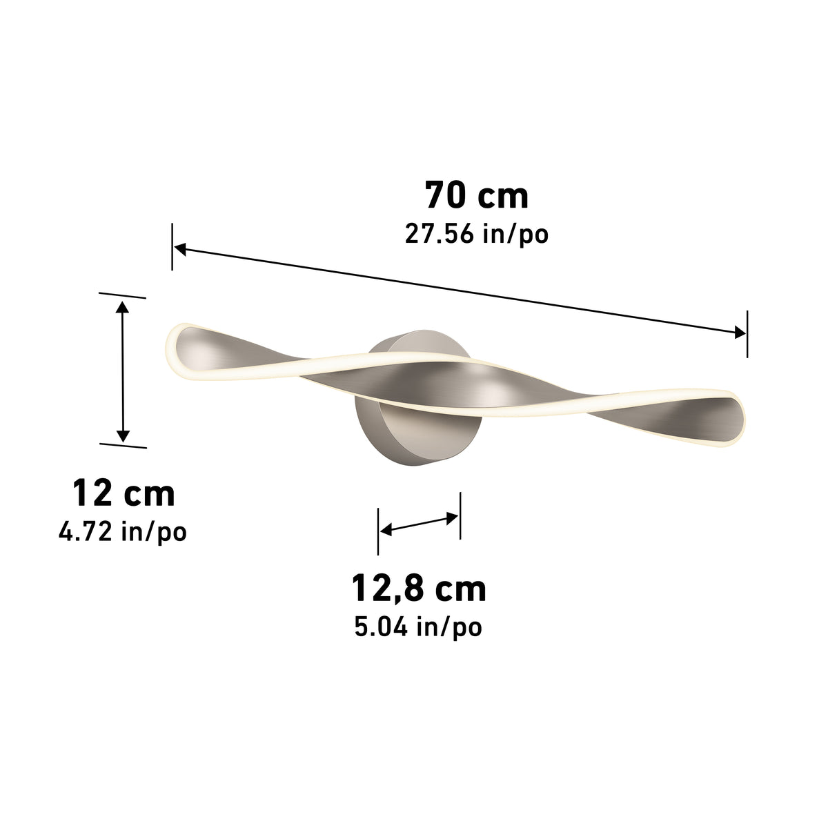 Modern wall light fixture with a twisted design, shown in silver, with dimensions: 70 cm (27.56 in) wide, 12 cm (4.72 in) high, and 12.8 cm (5.04 in) deep. Measurements labeled with arrows.