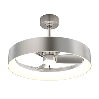 The Artika Austin 23 in. LED modern ceiling fan features a circular brushed nickel frame, integrated light, three sleek blades, and a quiet motor. It comes with a remote and is suspended from a matching metallic fixture.
