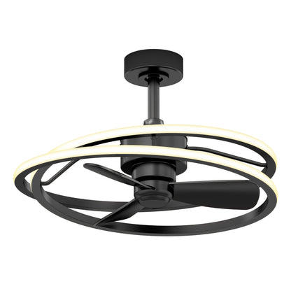 The Artika Coda 23 in. LED modern ceiling fan features three blades, a circular LED light kit, and comes with a remote. Shown mounted on a short downrod against a white background.