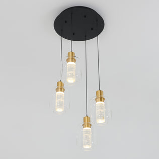 The Artika Champagne Globe 4-light LED pendant features four hanging lights with gold bases, clear textured glass shades, and a round black ceiling mount for a modern look.