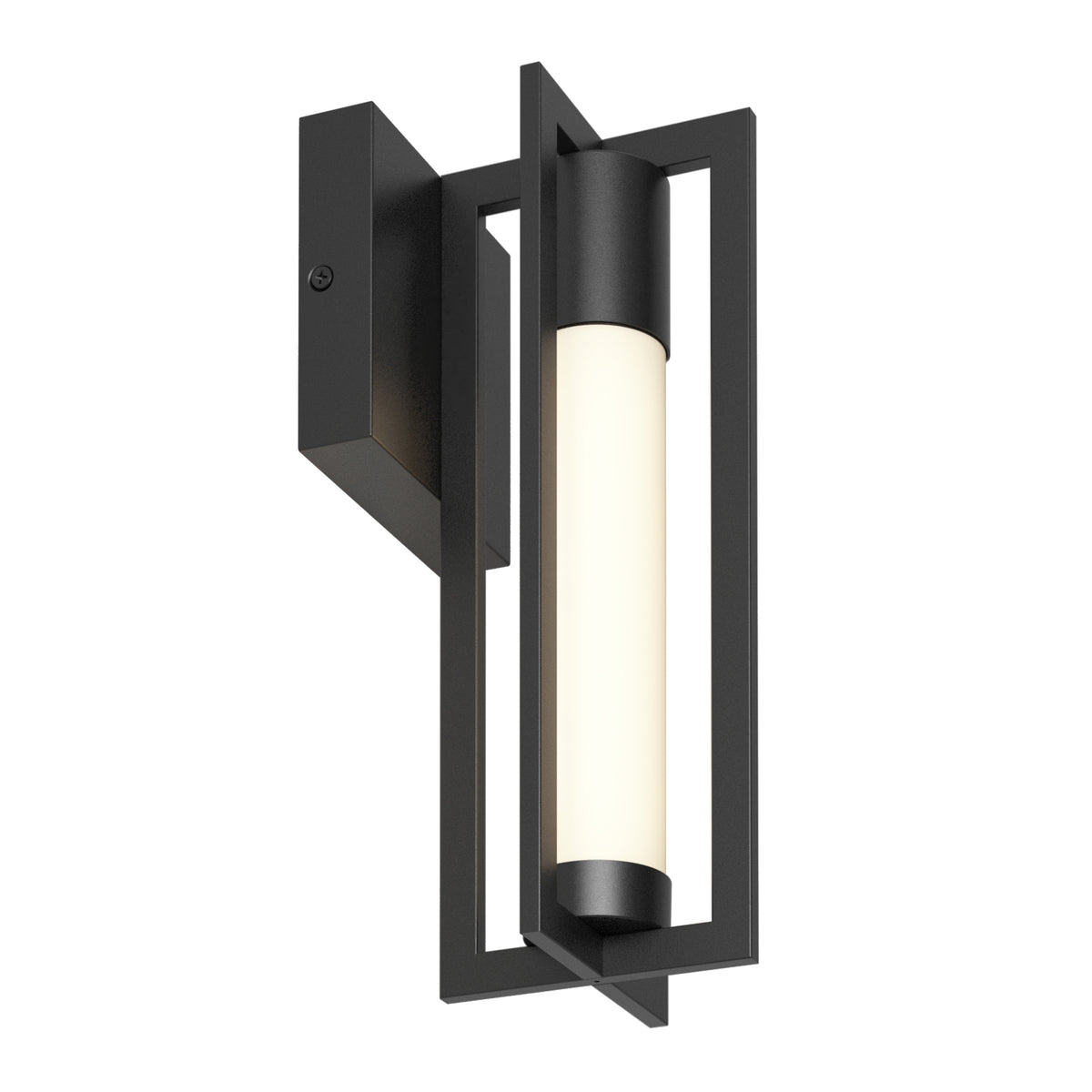 A modern black wall sconce with a rectangular frame and a vertical cylindrical frosted glass shade emitting light. The fixture has clean lines and a minimalist design.