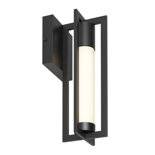 The Artika Walt indoor-outdoor LED wall light features a modern rectangular black metal frame with a central vertical frosted cylindrical light tube, mounted on a square black base.