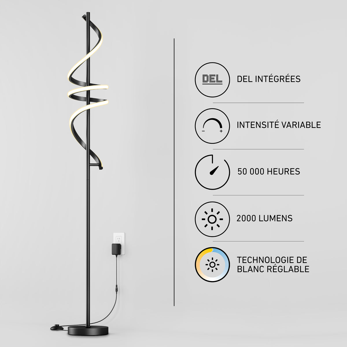 The Artika Coda modern LED floor lamp 5CCT is shown lit in black with a striking spiral design. French text and icons display features: integrated LED, dimmable, 50,000 hours, 2000 lumens, and adjustable white technology.