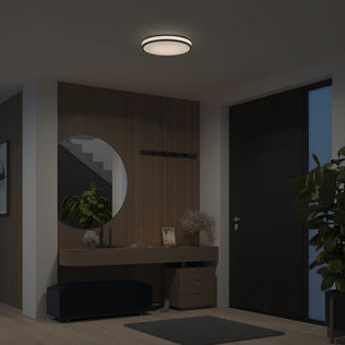 Modern entryway with Artika Hemisphere 15″ LED Flush Mount Ceiling Light, console, round mirror, potted plant by a dark door.