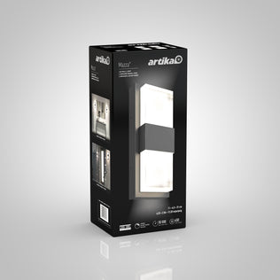 A black box for the Artika Mazza Frosted indoor-outdoor LED wall light, with an image of the fixture on the front and product details on the sides, stands against a plain, light gray background.