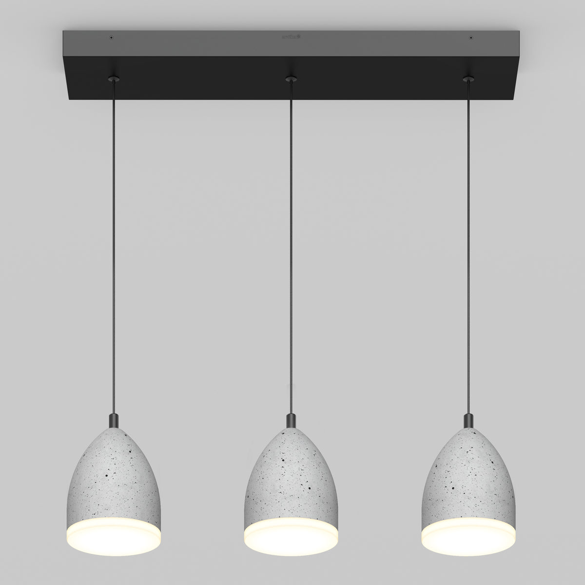 The Artika Bergen 3-light LED pendant features gray, speckled dome shades hanging from a black rectangular mount, all illuminated against a light gray background.
