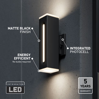 Artika Linea Square LED wall light: black, weather-resistant, matte finish, 3 CCT, photocell, 5-year warranty.