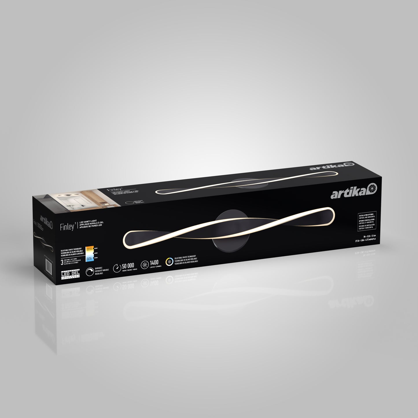 A rectangular black box with the Artika logo and an image of the Finley LED modern bathroom vanity light 3 CCT displays product specs on a light gray background.