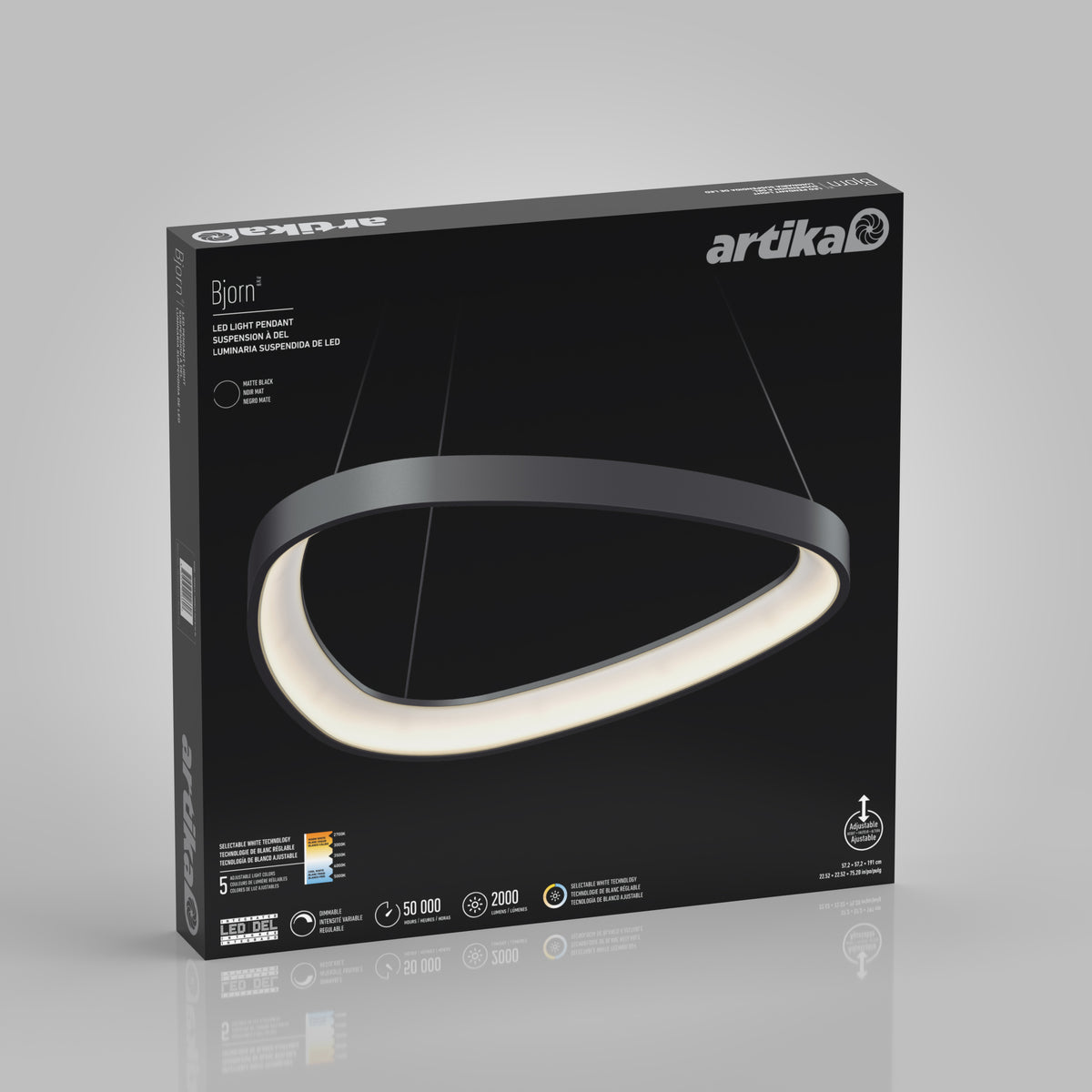A black and white box featuring the Artika Bipin LED ceiling light, showing a modern, oval-shaped fixture with a glowing LED ring, product specifications, and branding on a gray background.