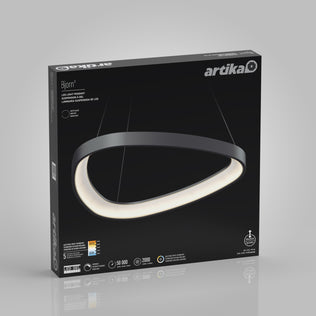 A product box for the Artika Bjorn modern LED pendant light 5 CCT, showing an image of the stylish curved black and white fixture with key features and specifications on the front against a gray background.