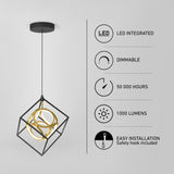 Modern geometric pendant light with black and gold cubic design hangs from ceiling. Beside it, icons display features: LED integrated, dimmable, 50,000 hours lifespan, 1000 lumens, and easy installation with safety hook.