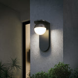 A modern outdoor wall light with a round, frosted glass shade is mounted on a textured gray wall near a window, illuminating nearby green plants in the evening.