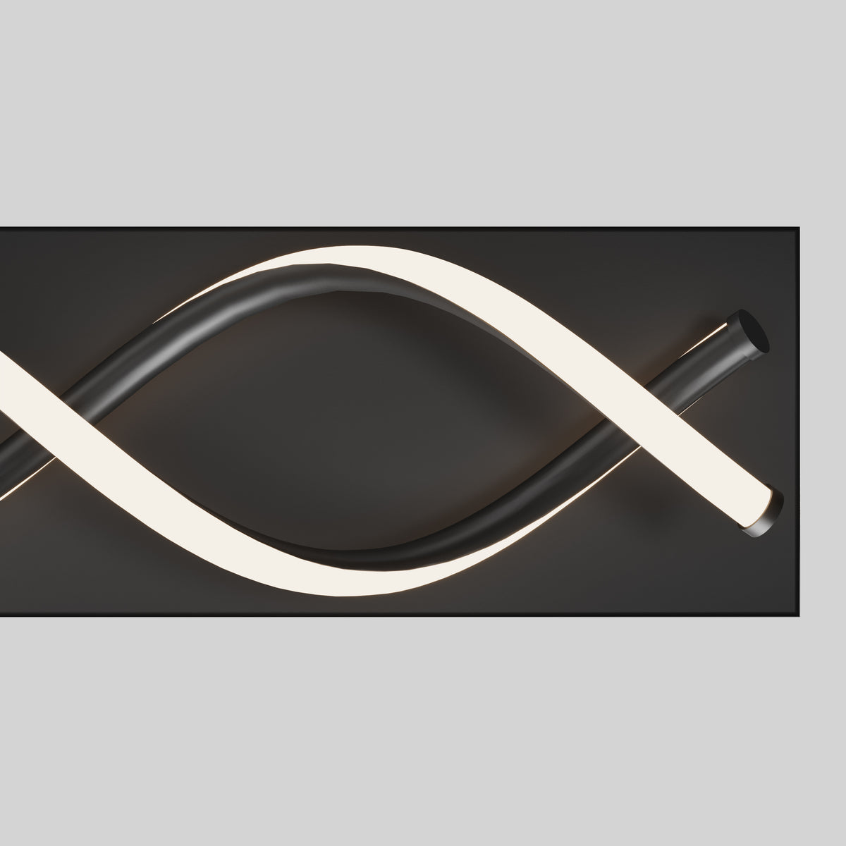 A modern wall light fixture with intertwined black and glowing white curved tubes, mounted on a dark rectangular background.