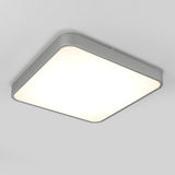A modern, square-shaped ceiling light fixture with a silver frame and diffused white illumination, mounted on a plain white ceiling.