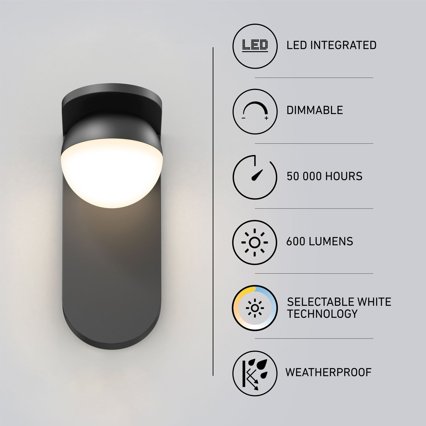 The Artika Bloom indoor-outdoor LED wall light 3 CCT glows on a gray wall. Icons and text highlight its integrated LED, dimmable design, 50,000-hour lifespan, 600 lumens, selectable white technology, and weatherproof build.