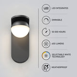 A modern black wall-mounted LED light is shown next to icons and text highlighting features: LED integrated, dimmable, 50,000-hour lifespan, 600 lumens, selectable white technology, and weatherproof.