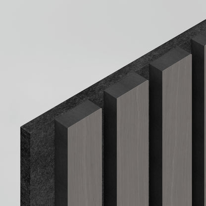 A geometric abstract image features Artikas Sonolok 15.5 ft sound-absorbing wall panel kit (4-pack): upright, rectangular black and gray panels aligned in parallel on a light gray background, viewed from an angled perspective above.