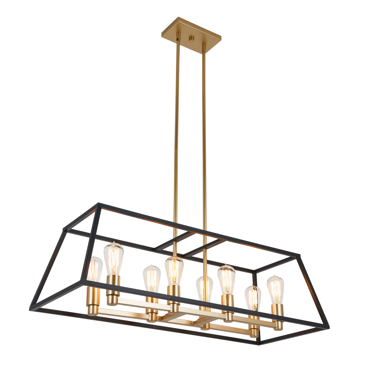 Rectangular chandelier with a black metal frame, gold-finished rods, and eight exposed vintage-style light bulbs arranged in two rows, suspended from the ceiling by two gold rods.