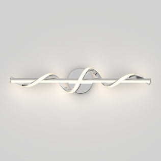 The Artika Coda modern LED bathroom vanity light 5 CCT features a central round base and a long LED bar with two intertwined illuminated strips, shown wall-mounted against a plain light gray background.