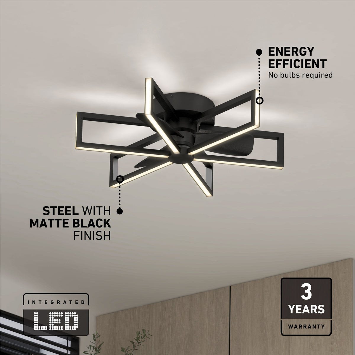 Modern ceiling light with a geometric, star-shaped design in matte black finish, featuring integrated LED strips. Text highlights energy efficiency, no bulbs required, and a 3-year warranty.
